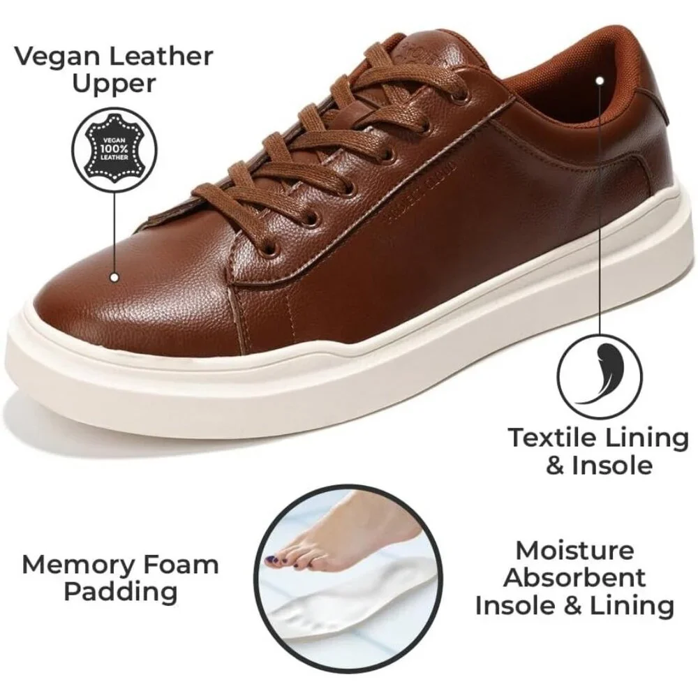 ⚡ Men Cognac Faux Leather Memory Foam Insole Lightweight Non Slip Sneakers